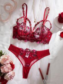 Women's Sexy Lingerie Set, Burgundy Embroidered Floral Bra And Panty 2-Piece Set, Comfortable Solid Thong, Sensual For Valentine's Day Couples
