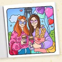 1 Stück (21cm*21cm) Neues Malbuch für Erwachsene, dickeres Papier ist deckend, mit klaren Linien und einfach zum Ausmalen, geeignet für Treffen mit besten Freunden, Musterszene von zwei Mädchen-Besten-Freundinnen, die um die Welt reisen "BETIES VACAY" Malbuch zum Selbstausmalen, um das Denken zu entwickeln, Herbst, Schreibwaren, Schulmaterial, Zeichnen & Malen, Weihnachten