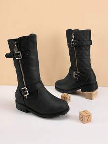 Girls' Knee-High Winter Motorcycle Boots | Faux Fur Lined | Cold Weather Riding - 黑色 - 查看 1