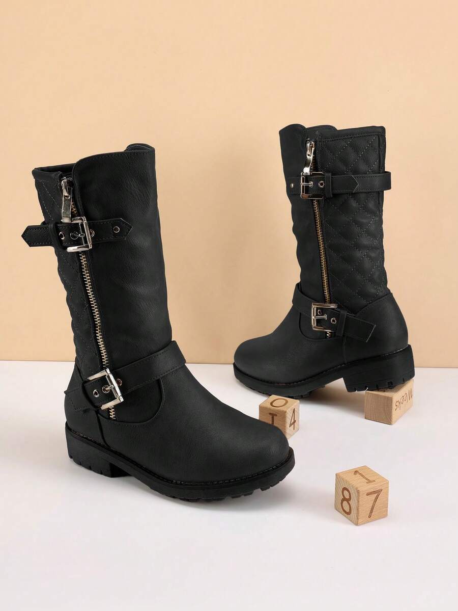 Girls' Knee-High Winter Motorcycle Boots | Faux Fur Lined | Cold Weather Riding - 黑色 - 查看 1
