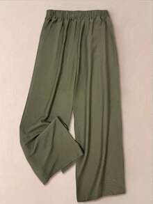 四季新款复古橄榄绿修身腰亚麻侧单排木质假纽扣开衩阔腿休闲女裤垂坠亲肤面料显瘦高挑百搭通勤裤松紧腰宽松直筒阔腿口袋设计舒适透气女裤 - 墨綠色 - 查看 8
