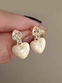 1 Pair Petite Elegant White Enamel Teardrop Glass Inlay Earrings, Chic For Daily Commute