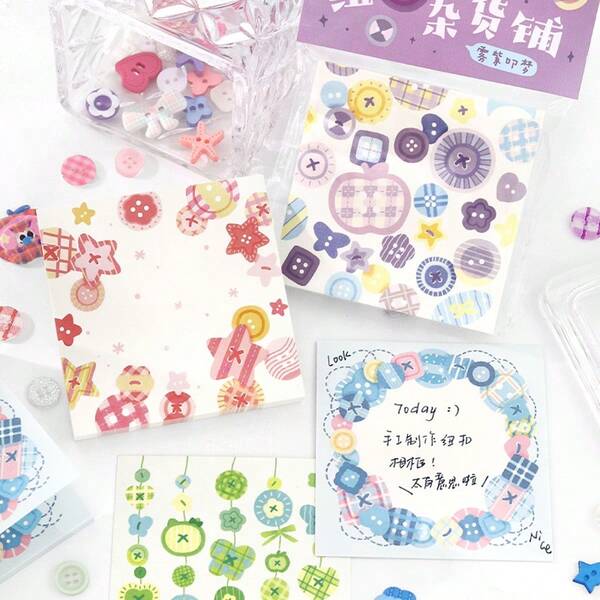 100 notas adhesivas, botones, serie de tiendas de comestibles, botones de colores coreanos, base de papel para decoración de carpa hecha a mano