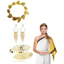 5件套希腊女神风格服装及配饰套装，包括树叶皇冠、发箍、手镯、耳环、新娘头饰、万圣节主题