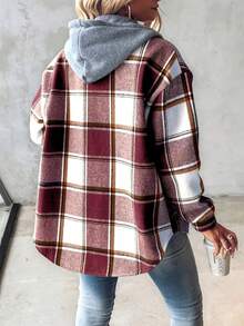 2026 Premium Apparel A Fashionable And Elegant Women's Coat, Windbreaker, Loose Casual Cardigan, Versatile For Daily Use, Christmas, Thanksgiving, Autumn Clothing, Women's Coat, Women's Autumn Clothing, Checkered Pattern Printed Hooded Short Jacket With Buttons - Burgundy - View 3