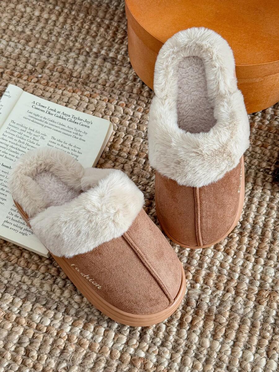 Damskie, jednokolorowe, swobodne, pluszowe kapcie wsuwane z futerkowym wykończeniem, wygodne, domowe ubranie na jesień/zimę