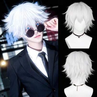 White Men Short Synthetic Straight Fluffy Wig Anime Game Cosplay Wig Heat Resistant For Daily Party