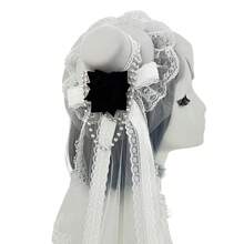 Gothic Mini Top Hat With Clip Rose Chains Vintage Hair Accessories For Women For Tea Party Halloween Stage - trắng - Xem 7