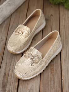 Mocasini cu talpă groasă și platformă pentru femei, cu vârf rotund, cataramă metalică, cu toc plat, stil britanic, culoare solidă, casual, din piele PU, pentru exterior, primăvară 2025 - Aur roz - Vizualizare 8