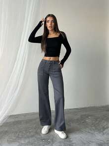 Stone Patterned Wide Leg Women's Trousers - Volcanic Gray - View 4