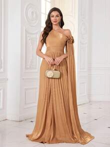 Rochie de seară maxi UNITHORSE pentru femei, cu umeri oblici, mâneci extra lungi, din imitație de lyocell, lucrată manual, cu flori tridimensionale, croială slim