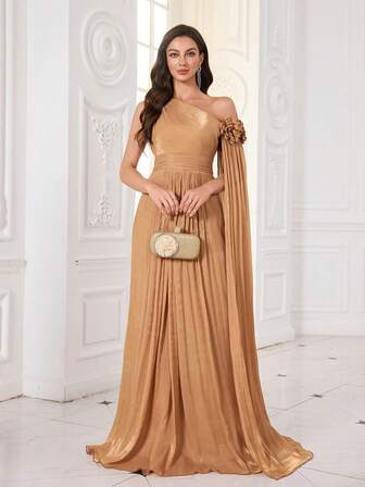  UNITHORSE Women's Slanted Shoulder Extra-Long Sleeve Imitation Lyocell Hand-Made Three-Dimensional Flowers Slim-Fitting Maxi Evening Dress