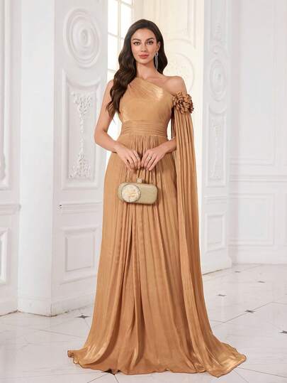 UNITHORSE Vestido largo de noche ajustado con hombros oblicuos y mangas extra largas, flores tridimensionales hechas a mano de imitación de modal, para mujer