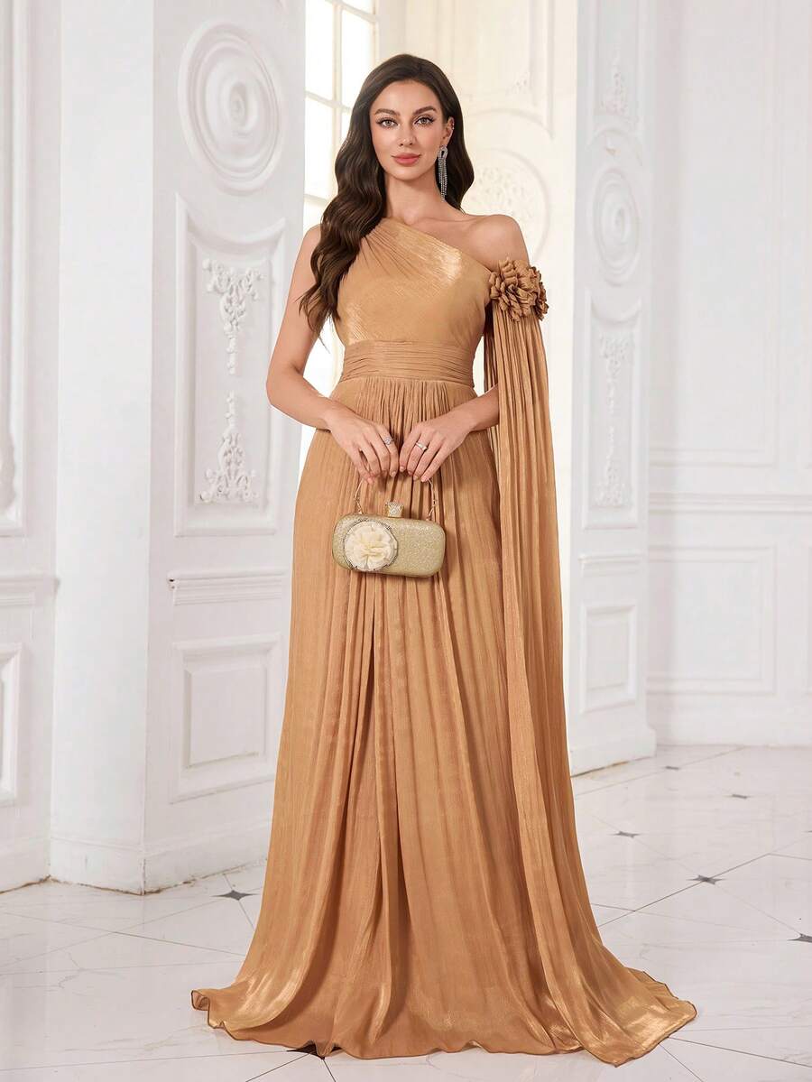 Rochie de seară maxi UNITHORSE pentru femei, cu umeri oblici, mâneci extra lungi, din imitație de lyocell, lucrată manual, cu flori tridimensionale, croială slim