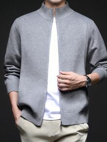 男士秋冬开衫毛衣，立领休闲风，商务/通勤内搭或外穿拉链针织衫，长袖上衣 - 灰色 - 查看 3
