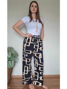 Printed High-Waisted Palazzo Pants With Pockets, Lining And Ties - Celana Geometris Hitam - View 5