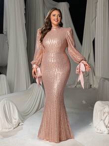 Plus Size Women's Elegant Formal Evening Gown, Lantern Sleeve Design, Fishtail Hem, High Collar, Fitted Silhouette, Suitable For Black Tie Events, Galas, Weddings, Awards Ceremonies, Charity Balls, Etc. - Champagne - View 3