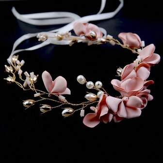 1pc Women's Accessories Shiny Zinc Alloy Pink Fabric Flower Headband, Handmade Copper Wire Pearl Flower Wreath Bridal Headpiece, Wedding Decor