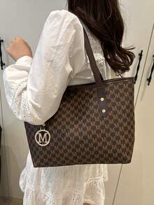 Fashionable Geometric Pattern Foldable Tote Bag, Large Capacity, With Mini Wallet, Suitable For Girls And Women For Shopping, Commuting And Travel, Retro Style Handbag/Backpack