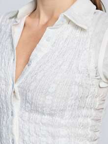 Women's Fall Lace Tops Long Sheer Sleeve Turn Down Collar Slim Button Up Shirts - White - View 5