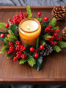 1 Pc Christmas Decorative Garland, Candle Holder Decoration Ring, Red Berry Pine Cones, Pine Needle Candle Holder, Scented Candle Cup Decorative Garland, Christmas Decoration, Home Decor, Bedroom Decor, Christmas Gifts, Autumn Decor.
