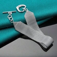 925 纯银镀金编织网心形扣手链，适合女士婚礼订婚派对时尚首饰 - 銀色 - 查看 4