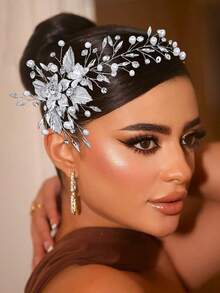 1pc Elegant Women's Headpiece, Alloy Flower Faux Pearl Rhinestone Headband, Bridal Headpiece, Women's Hair Accessory, Western Wedding Hair Decor, Photography & Daily Wear Accessory, Silver Hair Accessory, Spring/Summer - Silver - View 6