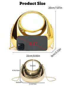 Gold Handbag, Evening Bag, Mirror Acrylic Crescent Box Tote, Oversized Crescent Bag, Fashion Multifunctional Chain Shoulder/Crossbody Bag, Holds Phone, Lipstick, Earphones, Valentine's Day Gift, Mother's Day Gift, Thanksgiving Gift, Halloween Gift,Sparkly Evening Bag For Christmas- Metallic Mini Bag. , Gold Bag - 彩色 - 查看 8
