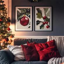 1 pièce/2 pièces canevas d'art imprimée avec sapin de Noël et baies rouges - Style vintage, décoration de vacances chaleureuse pour la maison et le bureau, parfaite pour le salon, la chambre, la salle de bain ou le restaurant, décorations de Noël, idéal comme cadeau de Noël. Cadre en option - Multicolore - Voir 1