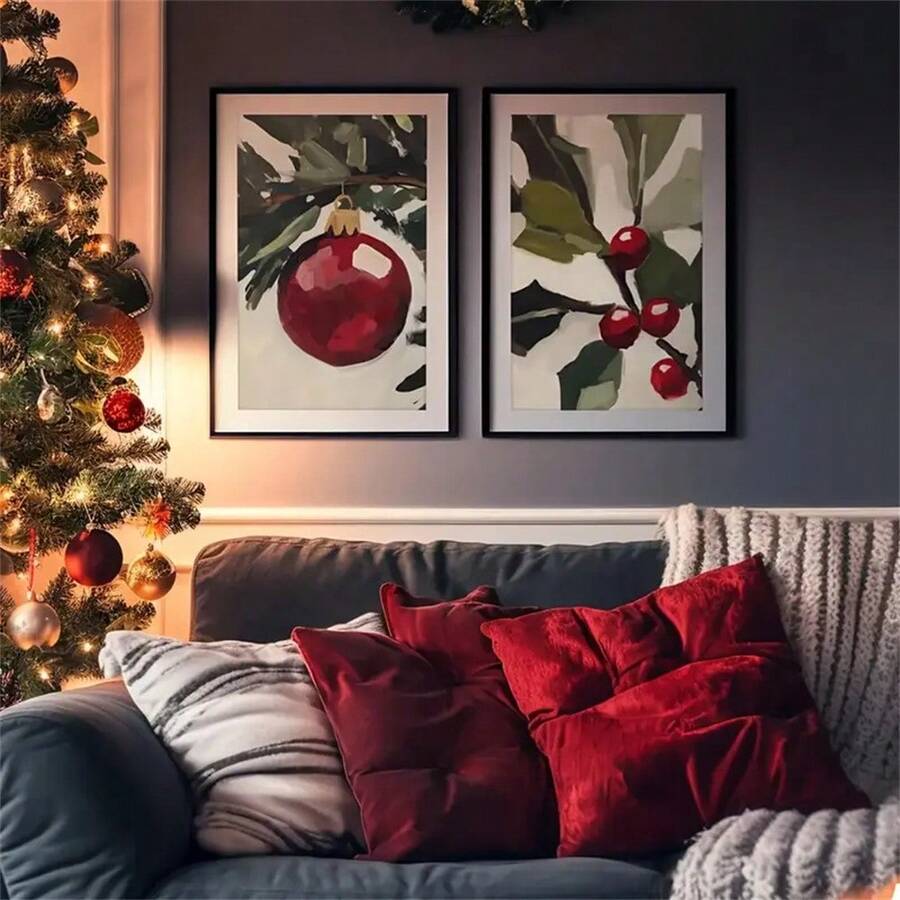 1 pièce/2 pièces canevas d'art imprimée avec sapin de Noël et baies rouges - Style vintage, décoration de vacances chaleureuse pour la maison et le bureau, parfaite pour le salon, la chambre, la salle de bain ou le restaurant, décorations de Noël, idéal comme cadeau de Noël. Cadre en option - Multicolore - Voir 1