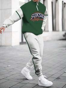 New Men's Two-Piece Set From Europe And America, Warm And Comfortable Long-Sleeve Long Pants Suit For Men In Autumn And Winter, Featuring A Letter Print Design With A Stand-Up Collar And Half-Open Zipper Top Paired With Solid Color Side Stripe Printed Casual Sports Pants, Suitable For Outdoor Vacations And Casual Sports Occasions. ...