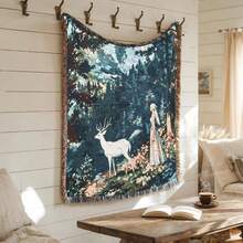Outdoor Blanket With Deer & Girl Bohemian Jacquard Pattern - Picnic Blanket, Camping Blanket, Sofa Blanket, Nap Blanket, Air Conditioning Blanket, Wall Hanging, Thick & Soft, Non-Fading & Non-Pilling, Suitable For Home Decor And Outdoor Use, Christmas Decoration