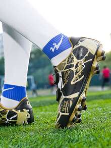 Youth, Campus Student Sports Football Shoes, Football Training Shoes, Football Match Shoes, Soft Spikes Anti-Slip, Long Spikes Anti-Slip, Hook And Loop Convenient To Wear (Asymmetrical Camouflage Pattern On Uppers) - Gold - View 5