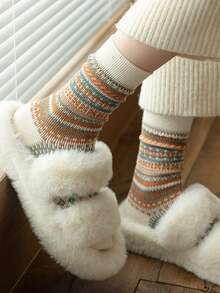 5 双女式随机颜色波西米亚风格保暖中筒袜，透气，柔软舒适，家居袜，睡衣袜，棉袜，适合秋冬日常、办公室、家居、通勤装，颜色随机