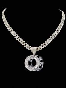 1pc Fashion Creative Roman Numeral Pendant With Alloy Rhinestone Cuban Chain, Unisex Hip-Hop Punk Necklace, Suitable For Daily Wear, Valentine's Day Gift, 2 Chain Options - Silver - View 11