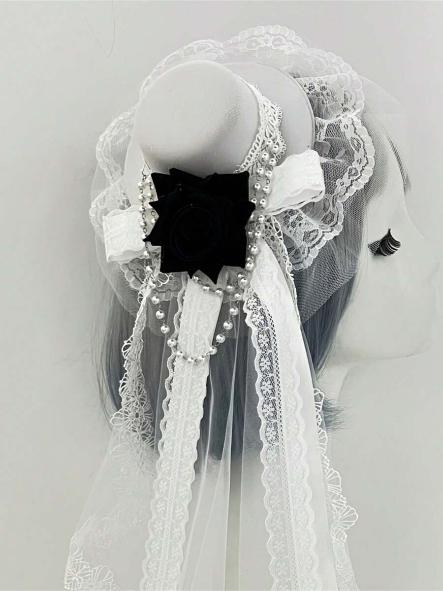 Gothic Mini Top Hat With Clip Rose Chains Vintage Hair Accessories For Women For Tea Party Halloween Stage - trắng - Xem 1