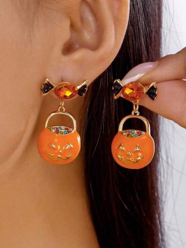 1 Pair Of Halloween Festival Candy Pumpkin Basket Dangle Earrings, Suitable For All Seasons, Suitable For Festival Wear, Halloween Earrings, Is The Best Gift Choice