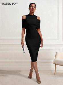 Solid Color Elegant Hollow Out Slit Zipper Formal Evening Gown, Suitable For Wedding Guest Party - Black - View 2