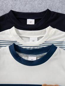 3 件套男童休闲日常时尚印花条纹圆领长袖 T 恤，春秋季