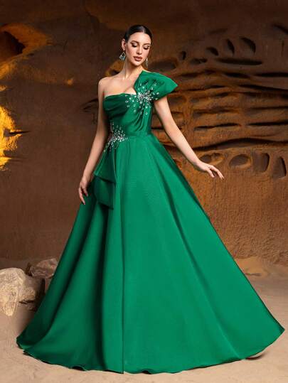 Faeriesty 优雅单肩A字型派对礼服 - 肩部和腰部饰有闪亮水钻，适合晚宴、婚礼、颁奖典礼、慈善舞会等正式场合。