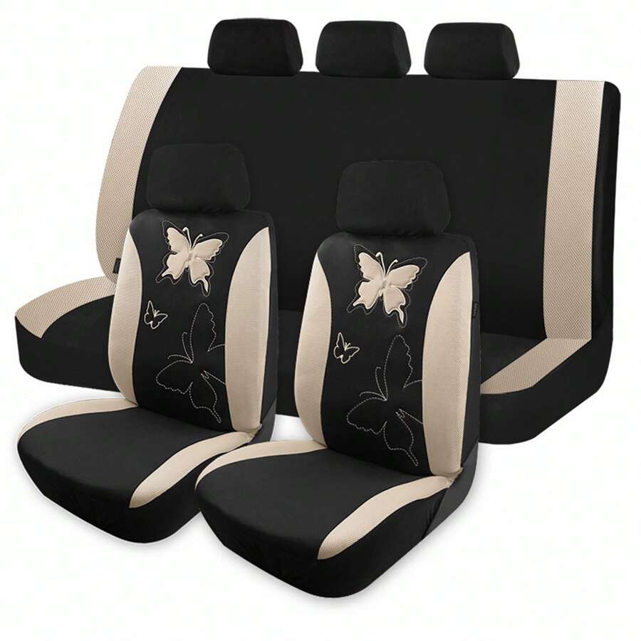 5 Seat Cloth Butterfly Car Seat Covers Full Set Fashion Universal Lady Woman Female Rear Solid Bench Cover - Màu be - Xem 1
