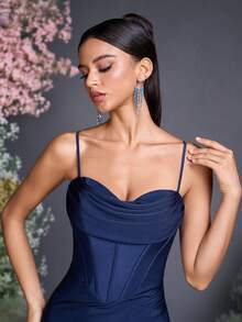 AOSHABABI 蓝色露肩长裙，优雅的颈部和肩部设计，美人鱼下摆，浪漫的系带，适合正式场合、音乐节、联欢晚会、婚礼、毕业典礼、鸡尾酒会、约会、节日和伴娘 - 藏蓝色 - 查看 8