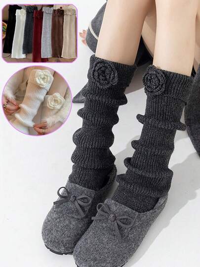 1双加厚保暖腿套，玫瑰翻边小腿复古腿套，时尚百搭，适合日常、派对、演出搭配及送礼，秋冬季舒适保暖