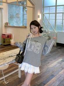 女式休闲字母印花不对称露肩长袖针织运动衫，秋季运动装 - 灰色 - 查看 4