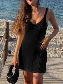 女士休闲无袖纯色轻薄度假罩衫迷你连衣裙沙滩黑色夏季 - 黑色 - 查看 5