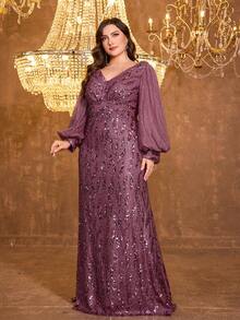 UNITHORSE Plus Size V-Neck Lantern Sleeve Sequin Patchwork Waist Fishtail Hem Formal Banquet Party Dress - Red Violet - View 2