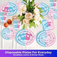 性别揭秘派对主题 20/40/60/80/100 件一次性餐具套装，带有性别揭秘派对主题，包括 7 英寸纸盘、9 英寸纸盘、9 盎司杯子、餐巾纸，适用于日常聚会、生日派对、新娘送礼会、婴儿送礼会、俱乐部、婚礼、茶会、野餐 - 彩色 - 查看 3