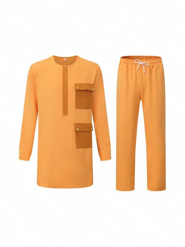 Conjunto de traje de hombre de Oriente Medio en color amarillo, conjunto informal de manga larga con pantalón largo, traje de 2 piezas con bolsillos para primavera/otoño y festividades
