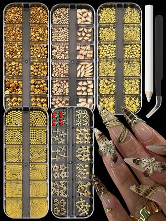 Gold Nail Charms And Gems,5 Boxes Nail Gems Nail Pearls Nail Art Tools, 3D Bow Nail Charms Cherry Star Cross Nail Rhinestones For Nails Supplies, Charms For Nails Design Nail Art Kit