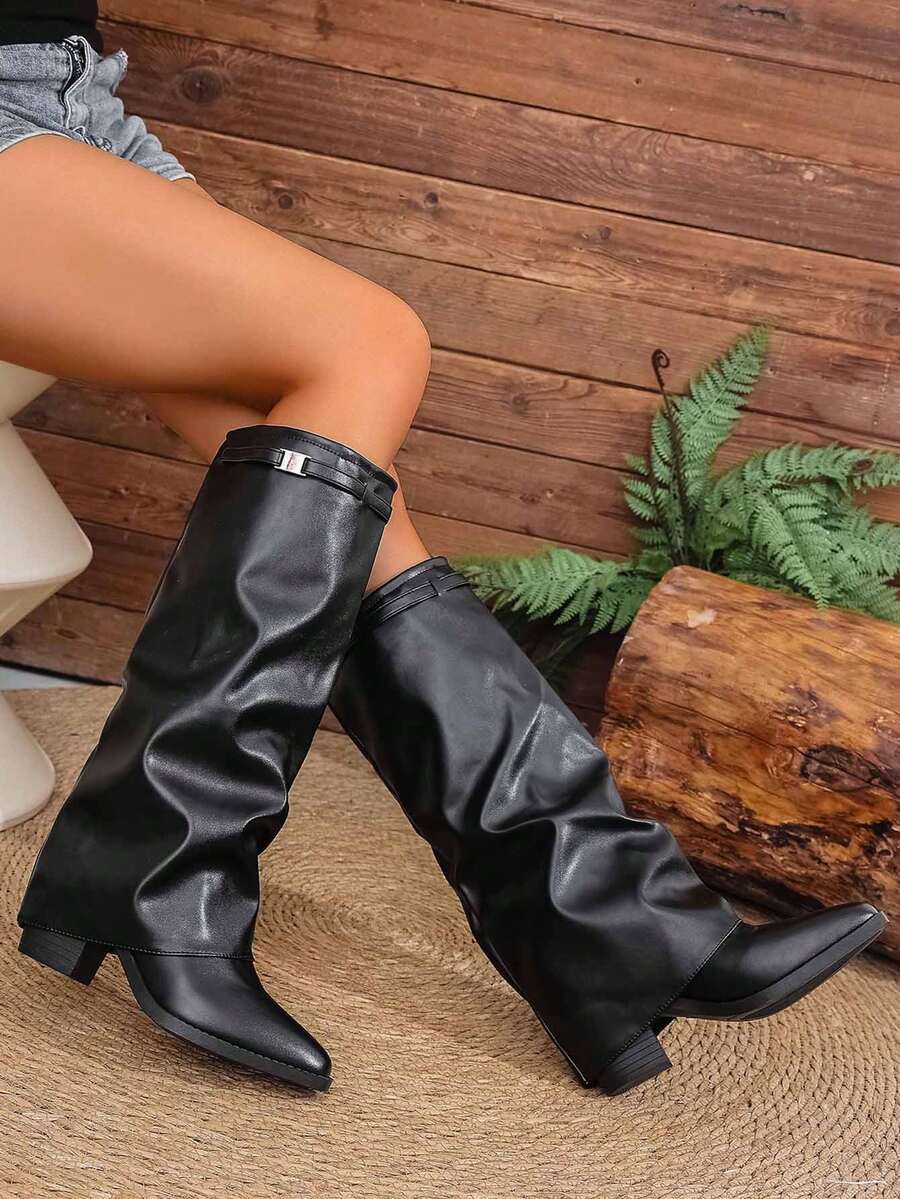 摩托车靴、百搭裤靴、粗跟靴、西部靴、时尚靴子、西部靴、时尚及膝靴、马靴、过膝靴、中筒靴、女式粗跟平底纯色靴、过膝靴、厚底加大码靴、尖头高筒靴、女式高筒靴、高跟靴、卡其色过膝靴 - 黑色 - 查看 1